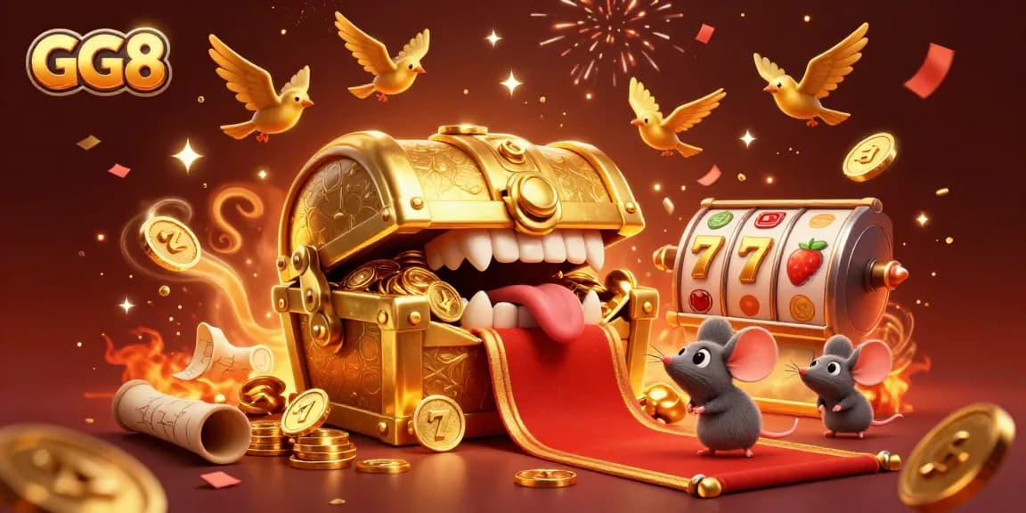 Win big at GG8 with a lively treasure chest scene filled with slots, gold coins, and confetti.