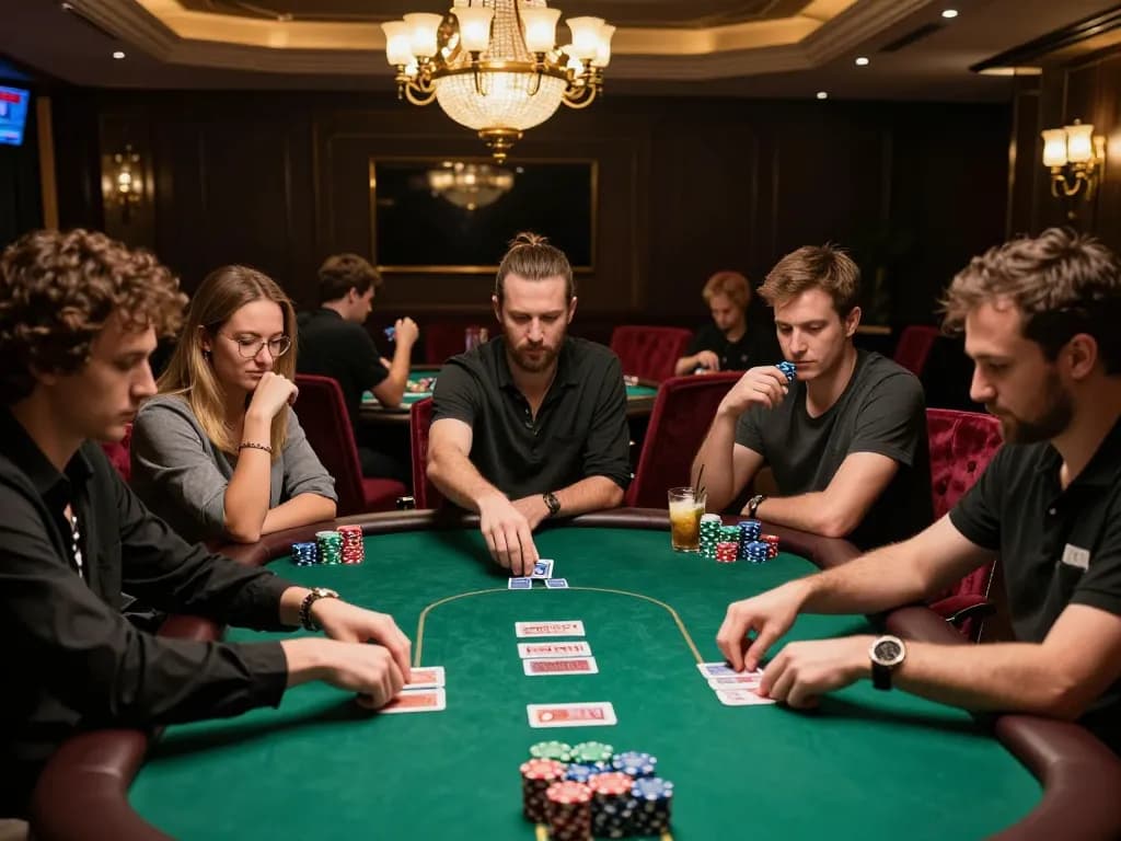Engaging in ripple gambling at a luxurious poker table with players focused on their hands and chips.