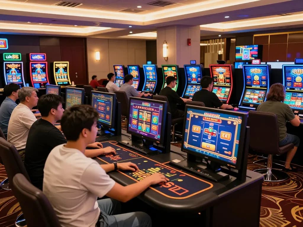 Players enjoying uk88s online games on various devices in a vibrant casino environment.