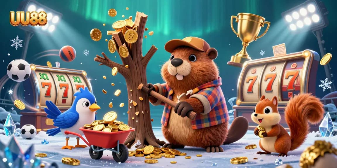 Experience the excitement of UUU88 with a colorful 3D casino-themed illustration showcasing animated characters and gambling elements.