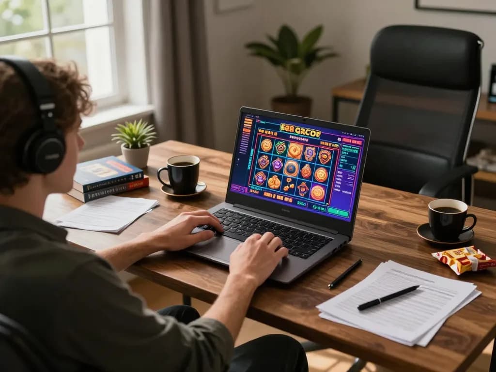 Engaged gamer playing slot88 gacor on a laptop during an exciting online casino session