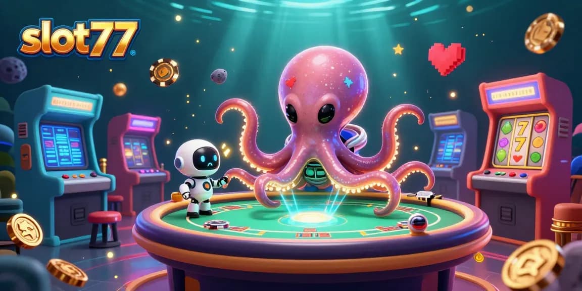 Engage in the thrilling world of slot77 with vibrant 3D alien characters and casino elements.