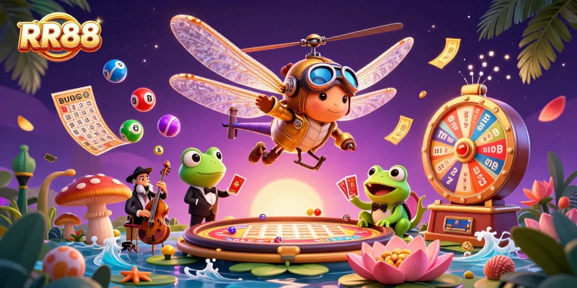 Experience thrilling gaming with RR88 at this vibrant lily pad casino scene, featuring unique characters.