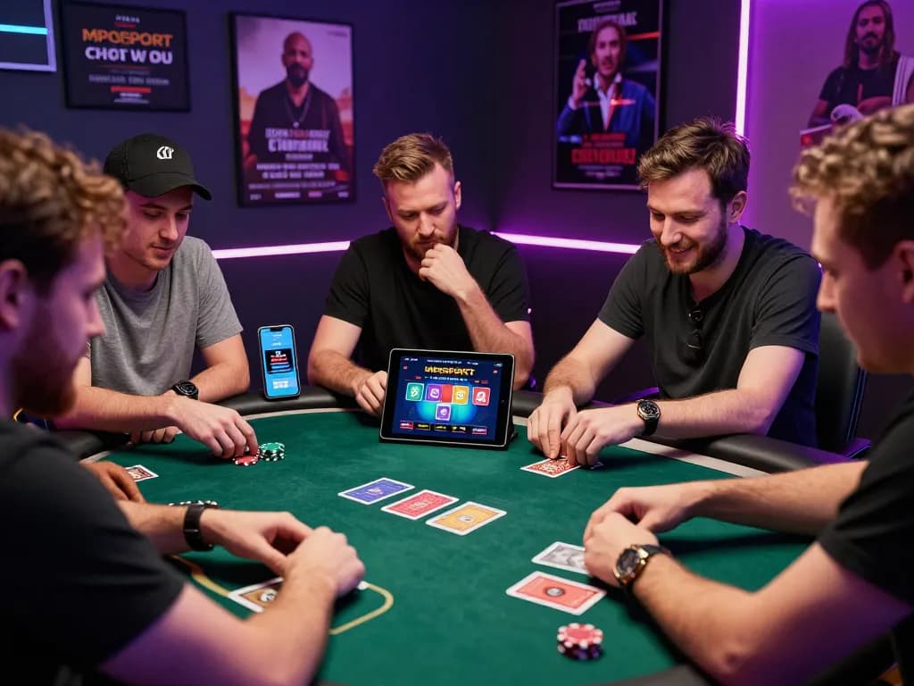 Engaged players enjoying MPOSPORT online poker on tablet, vibrant gaming atmosphere.