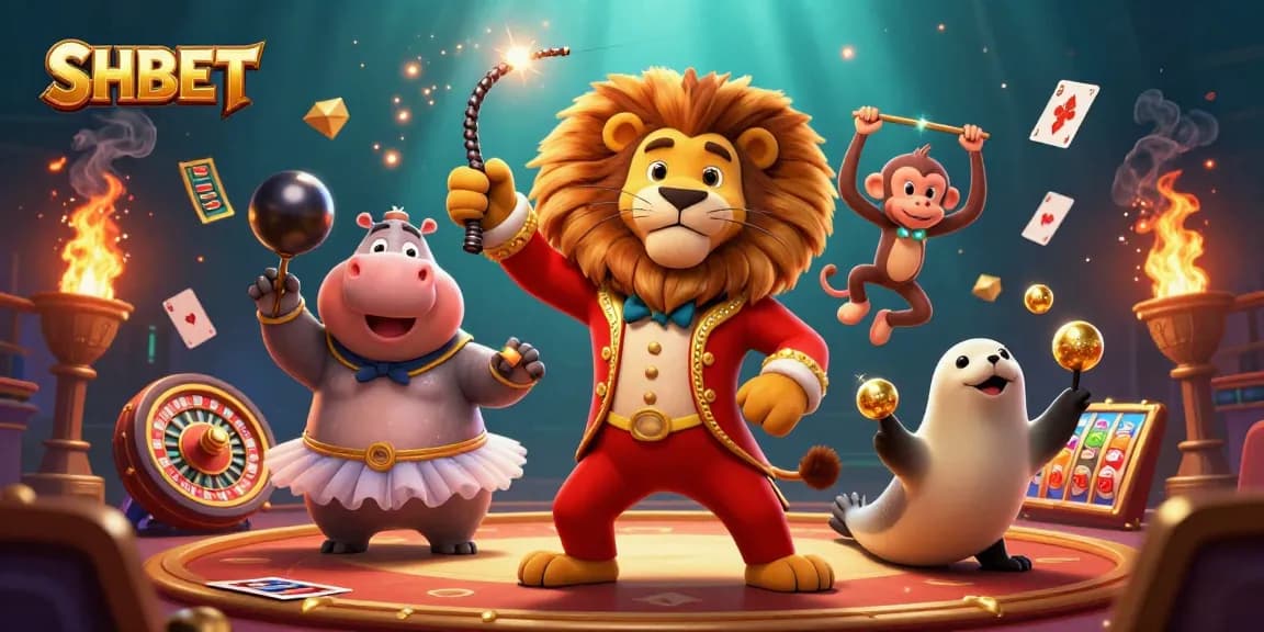 Experience thrilling SHBET action with circus characters in a vibrant 3D casino scene filled with excitement.