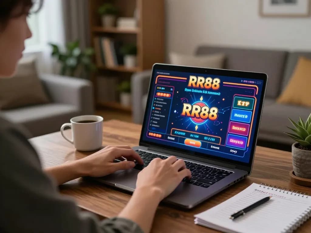 Player engaged in RR88 online casino gaming at a stylish home setup with vibrant interface and strategic notes.