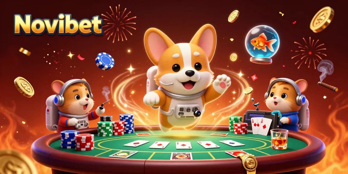 Enjoy thrilling gaming at Novibet with a fun space scene featuring unique characters and casino elements.