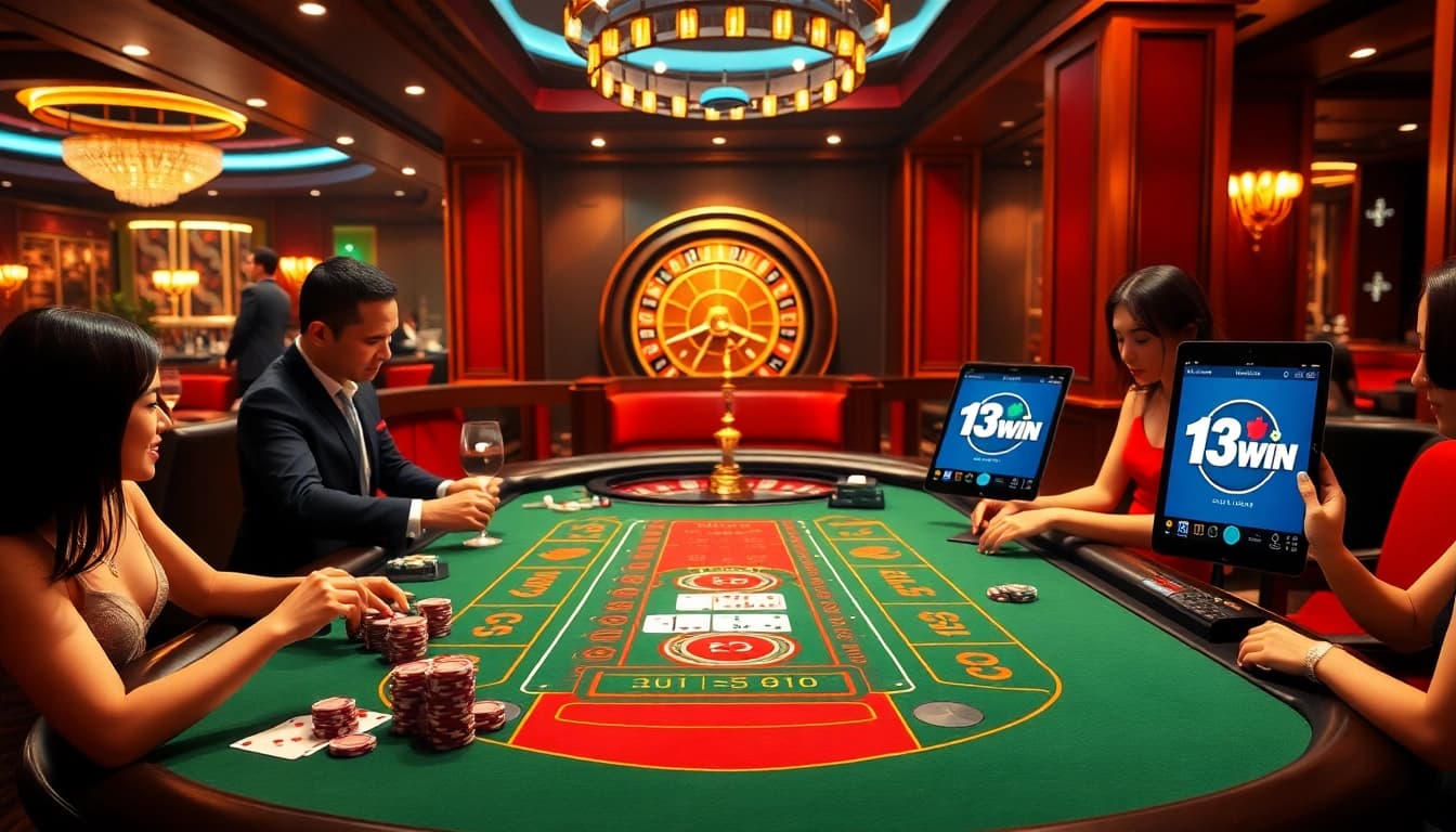 Exciting baccarat gameplay at 13win nhà cái casino with players and a professional dealer.