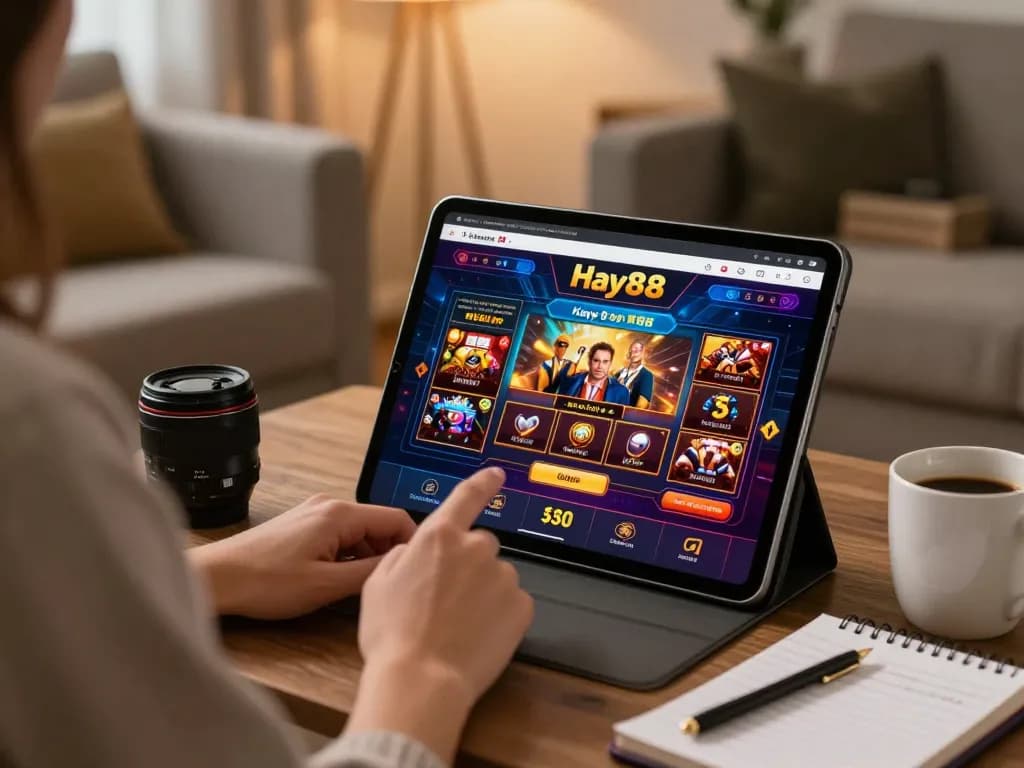 Engaged with Hay88 online casino interface, highlighting strategic play and cozy home ambiance.