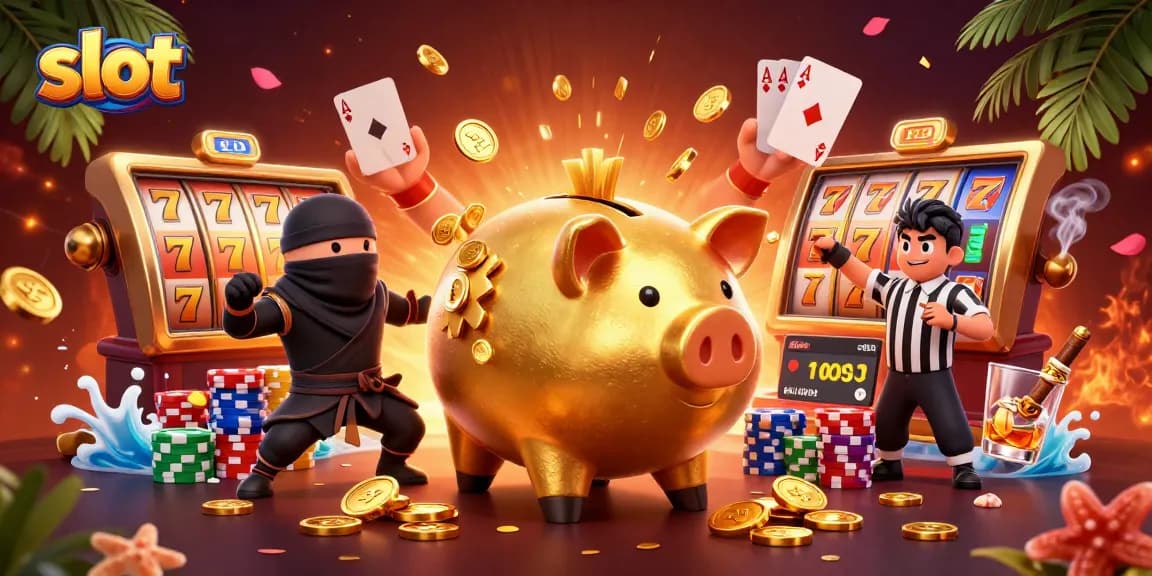 Slot gacor dengan celengan emas, simbol keberuntungan, dan suasana perjudian yang memukau.