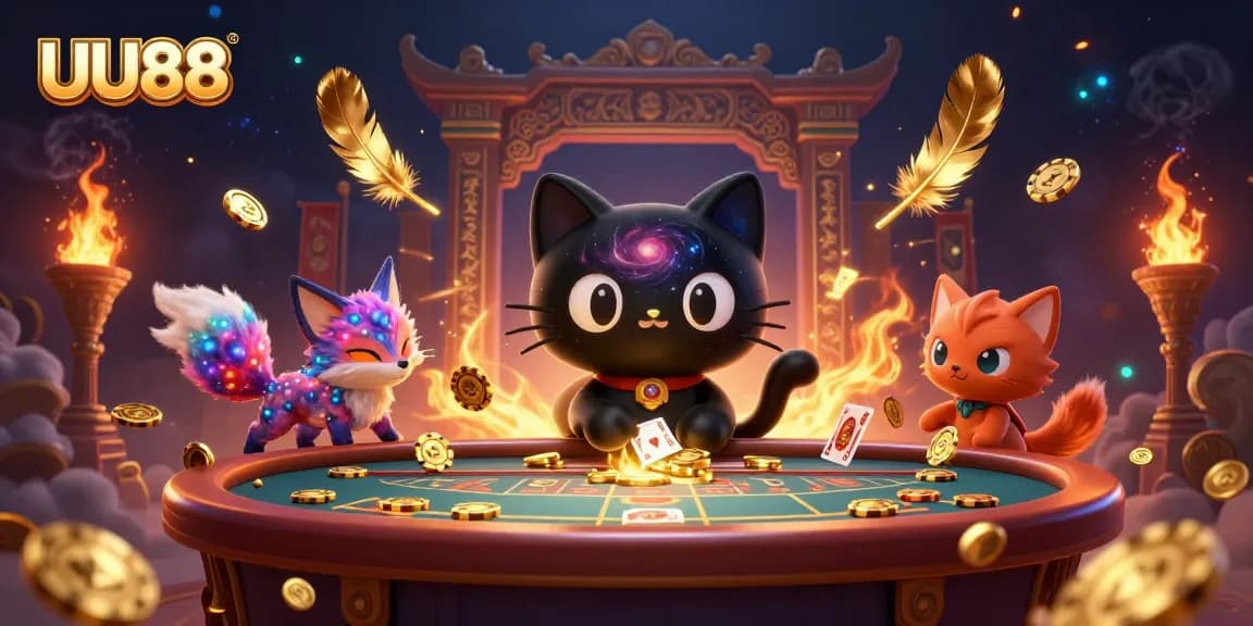 UU88 showcases a cosmic casino scene with a black hole cat and nebula fox pulling in winning chips.
