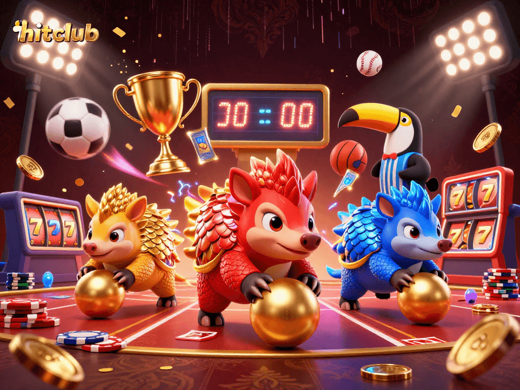 Engage in hitclub battles with rival pangolins rolling golden balls in a lively casino scene.