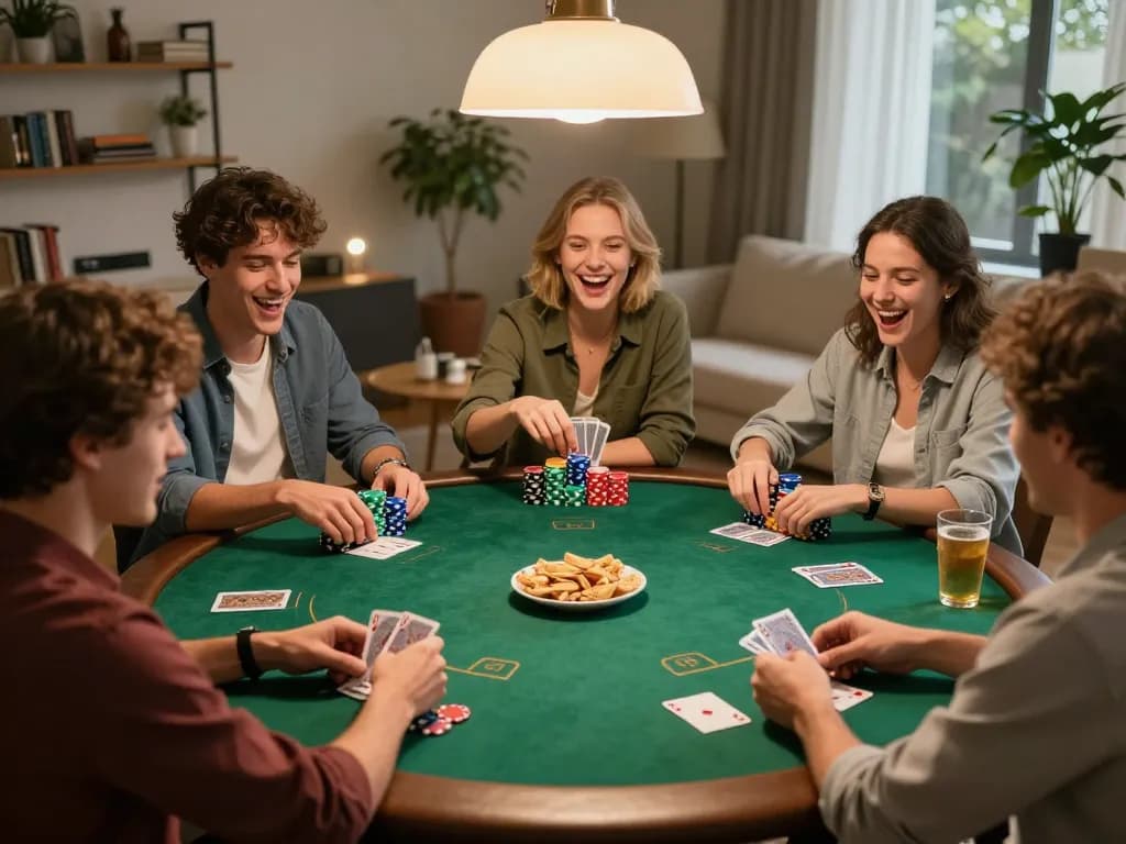 Players enjoying a lively poker night featuring tg88 strategy insights with colorful chips and friendly atmosphere.