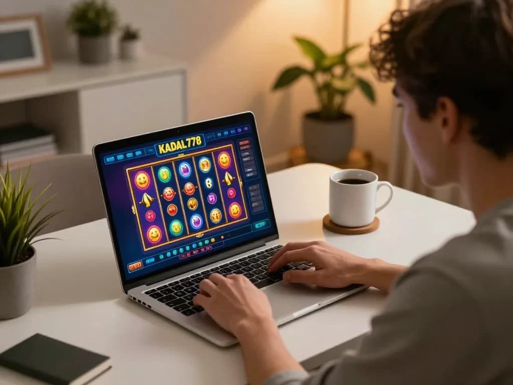 KADAL778 player enjoying an online slot game at home, displaying lively graphics and engagement.