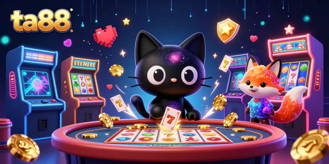 Engage with ta88 at an exciting cosmic casino, featuring a whimsical black hole cat and a colorful nebula fox.