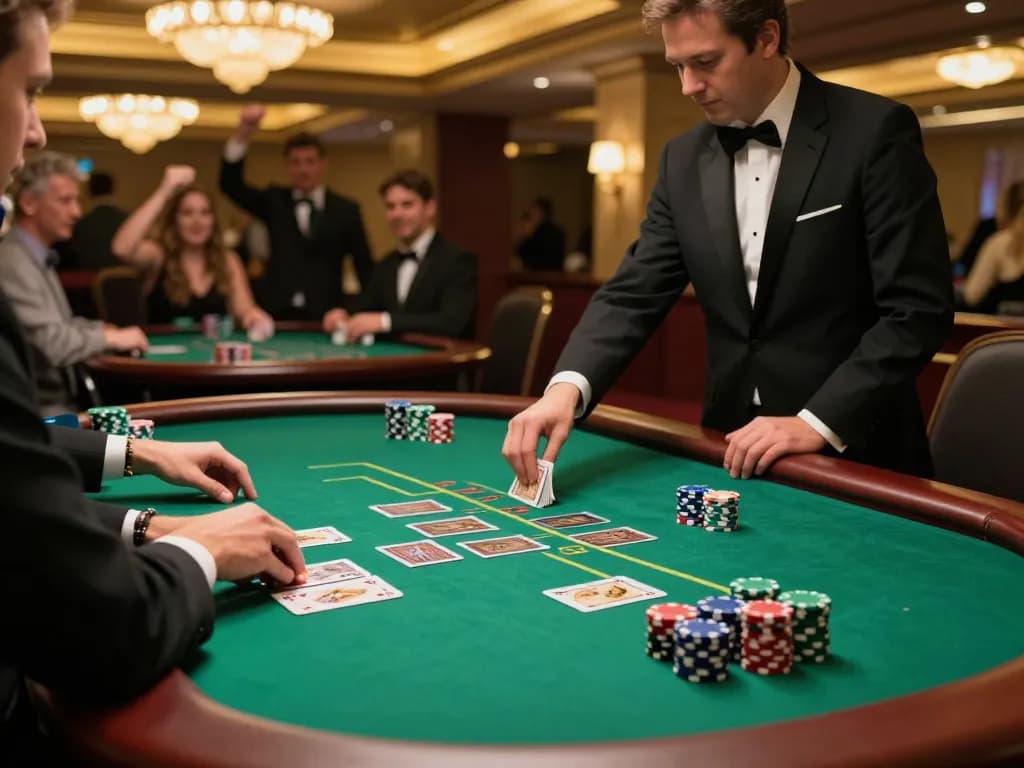 Players strategizing at an upscale blackjack table in XX88 casino, showcasing excitement and engagement.
