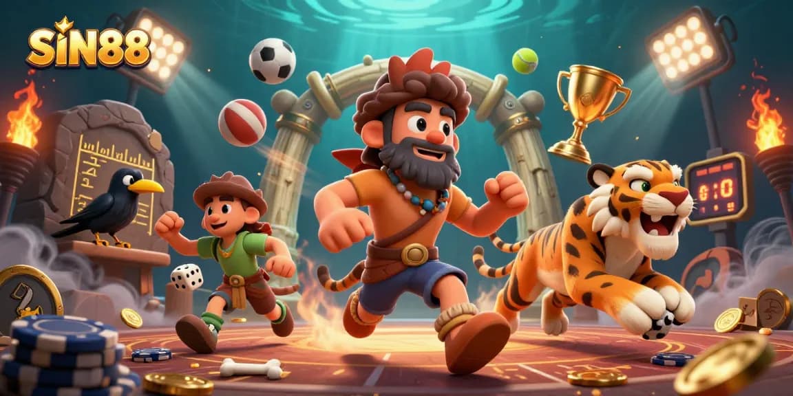 SIN88 caveman and sabertooth tiger duo engaging in thrilling casino action amidst flying sports elements and vibrant atmosphere.