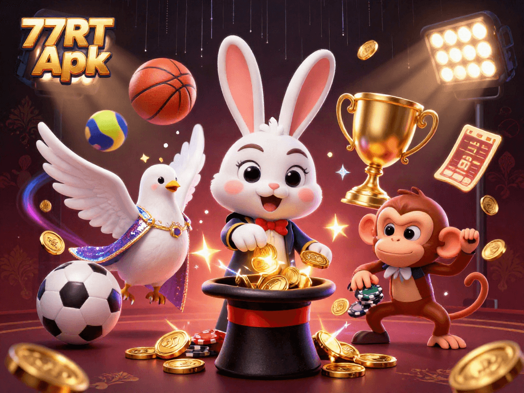 Engage with 77RT Apk through a whimsical 3D scene featuring a magician, dove, and monkey amidst vibrant casino elements.