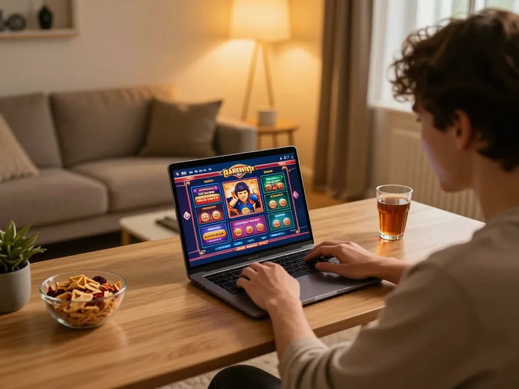 Player enjoying non gamstop casinos gameplay on laptop in a cozy home setting