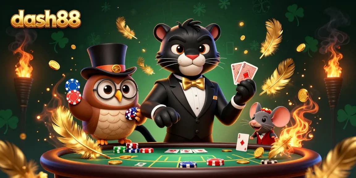 Experience thrilling poker action with dash88's stylish casino illustration featuring lucky characters.