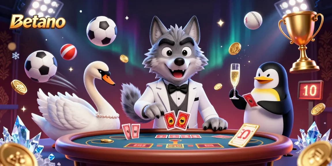 Engage with Betano's thrilling gaming experience featuring a debonair wolf, elegant swan, and sophisticated penguin.