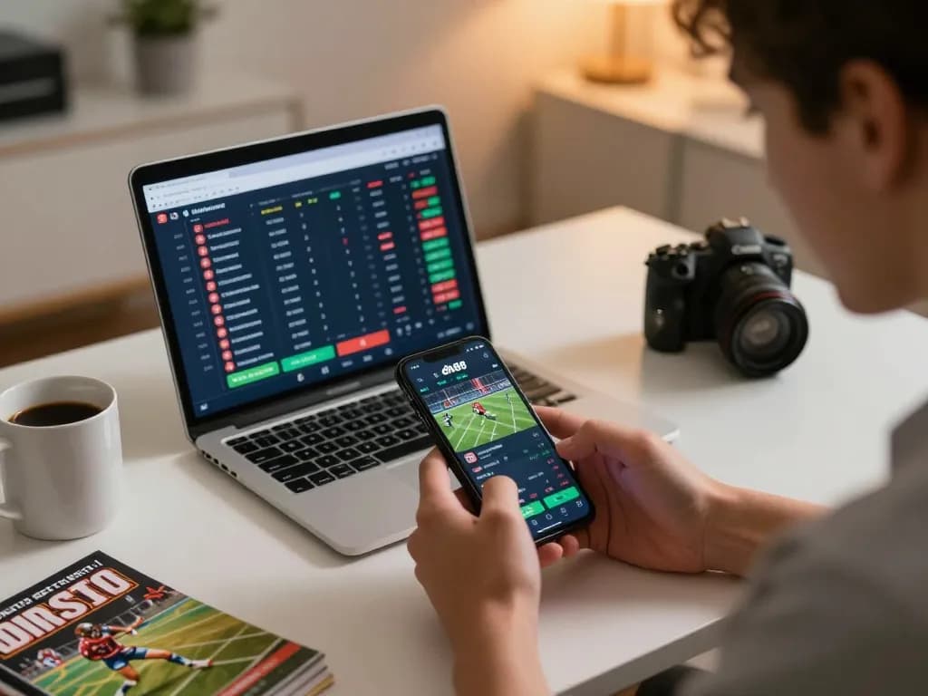 Engaging in live sports betting using the dh88 interface on smartphone in a cozy home office.