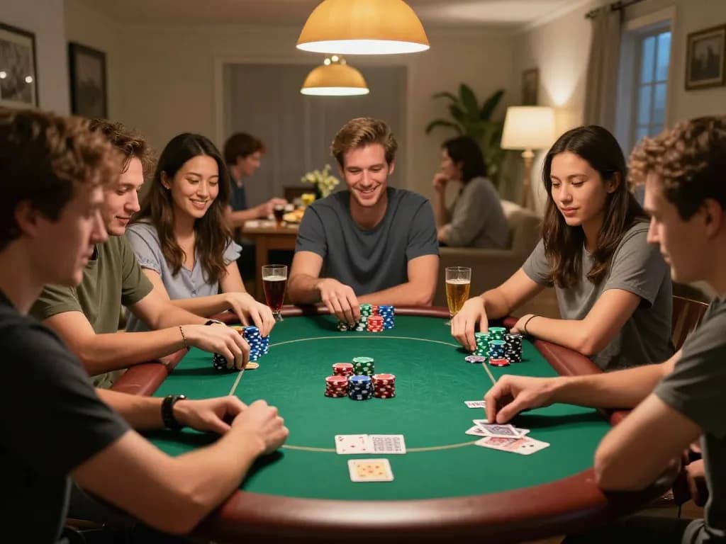 Friends playing poker at home during a lively gaming night, showcasing Jun88 strategy and fun.