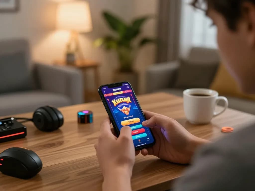 Player enjoying mobile gaming on the sunwin app in a cozy home setting with exciting graphics