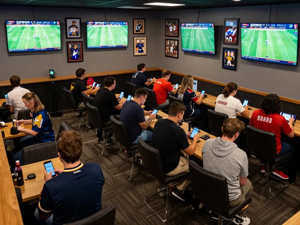 Penggemar terlibat dalam taruhan olahraga pada skor SPBO 1 di suasana lounge yang hidup, merasakan sensasi pertandingan langsung.
