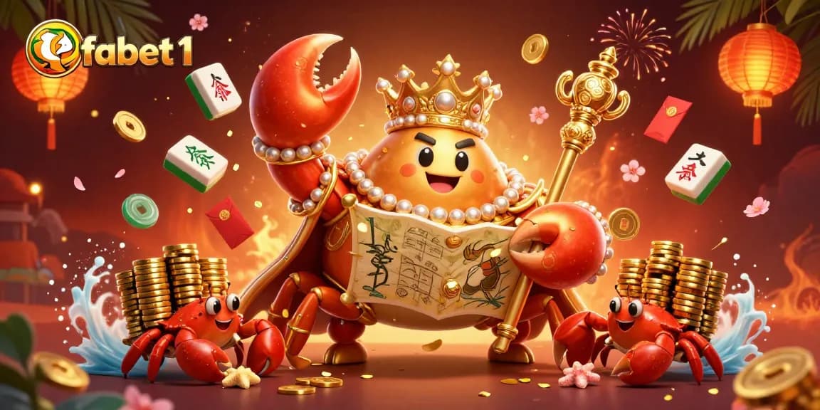 Engage with fabet1's vibrant 3D illustration featuring a golden crab emperor amidst casino-themed elements.