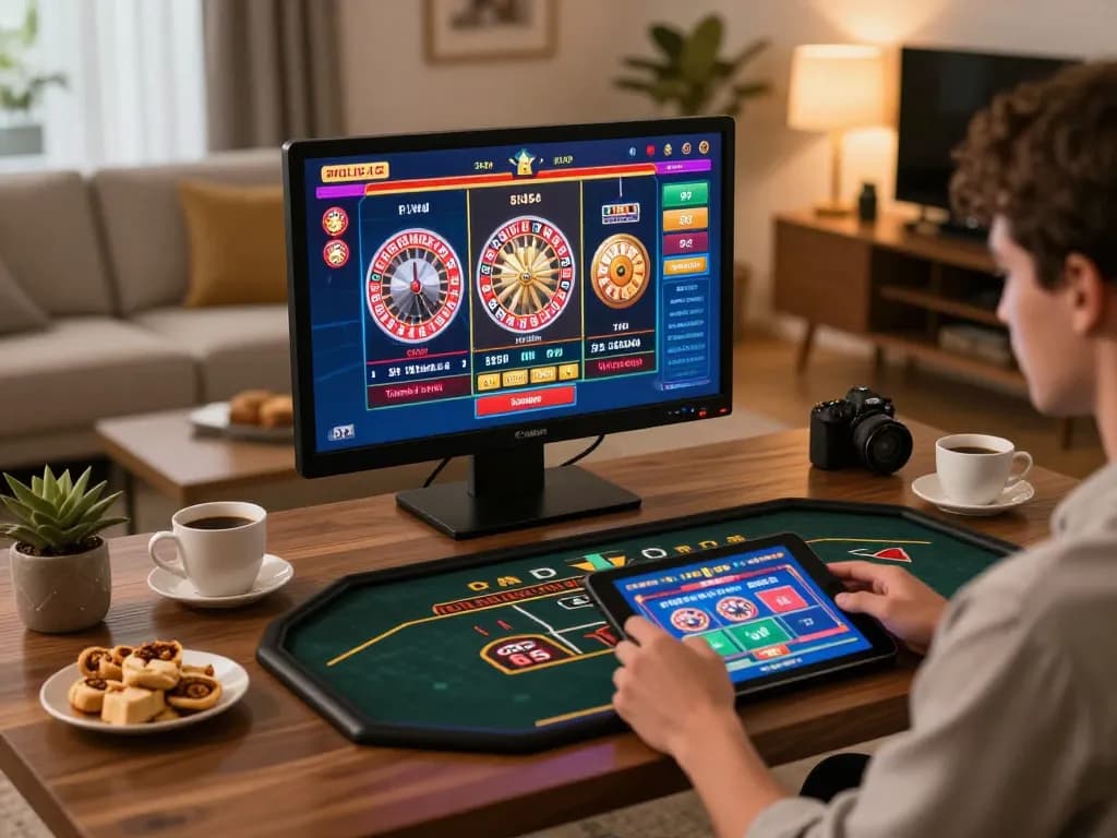 Player engaging with hz88 online casino app on tablet in a cozy home setting, showcasing vibrant game interfaces.