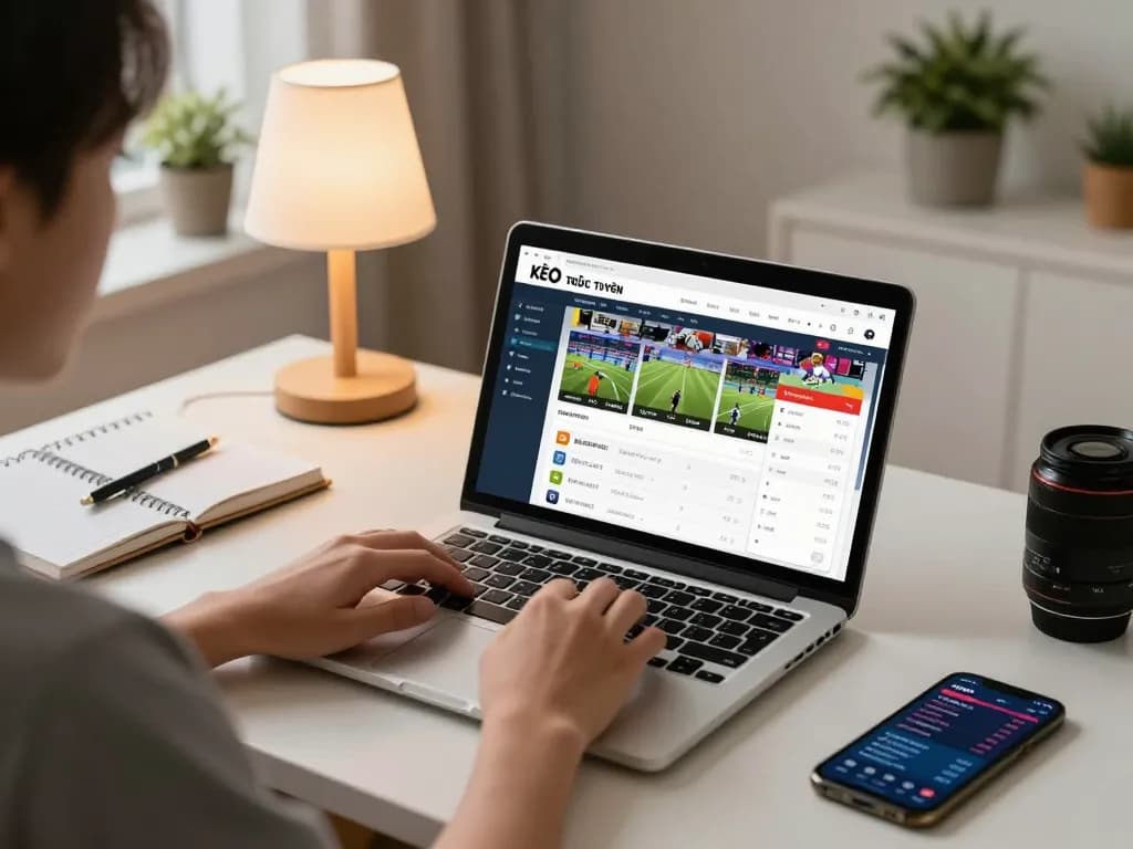 KÈO TRỰC TUYẾN betting interface displayed on a laptop during a cozy home sports betting session.