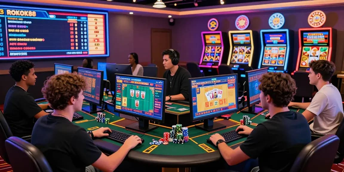 Exciting ROKOK88 online casino scene featuring diverse players engaging in thrilling games and bets.