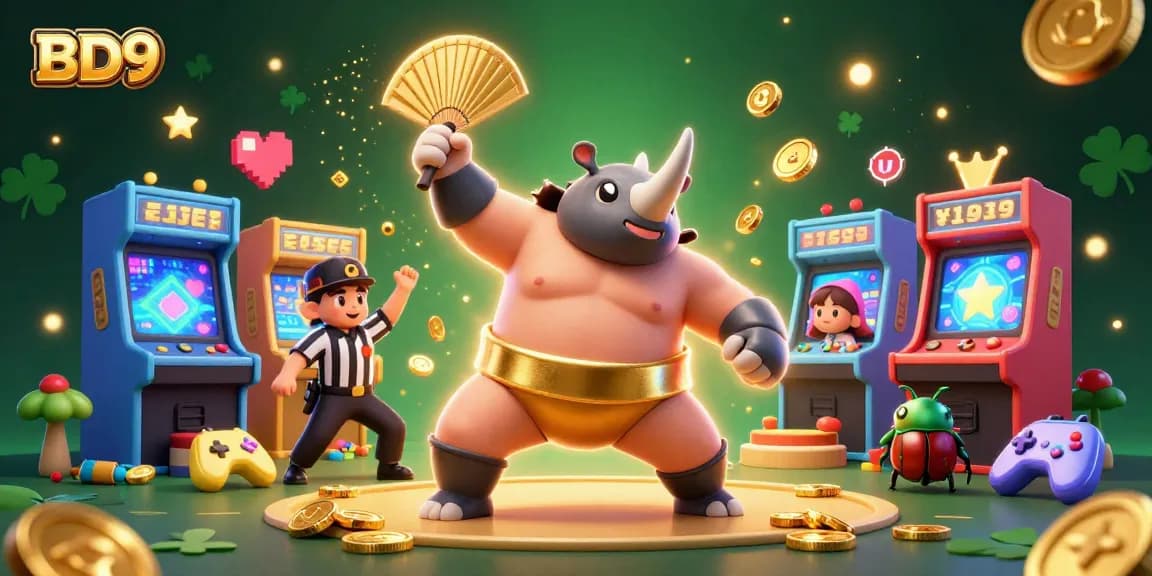 Experience the excitement of BD9 with a rhinoceros beetle sumo champion amidst dynamic casino games and golden coins.