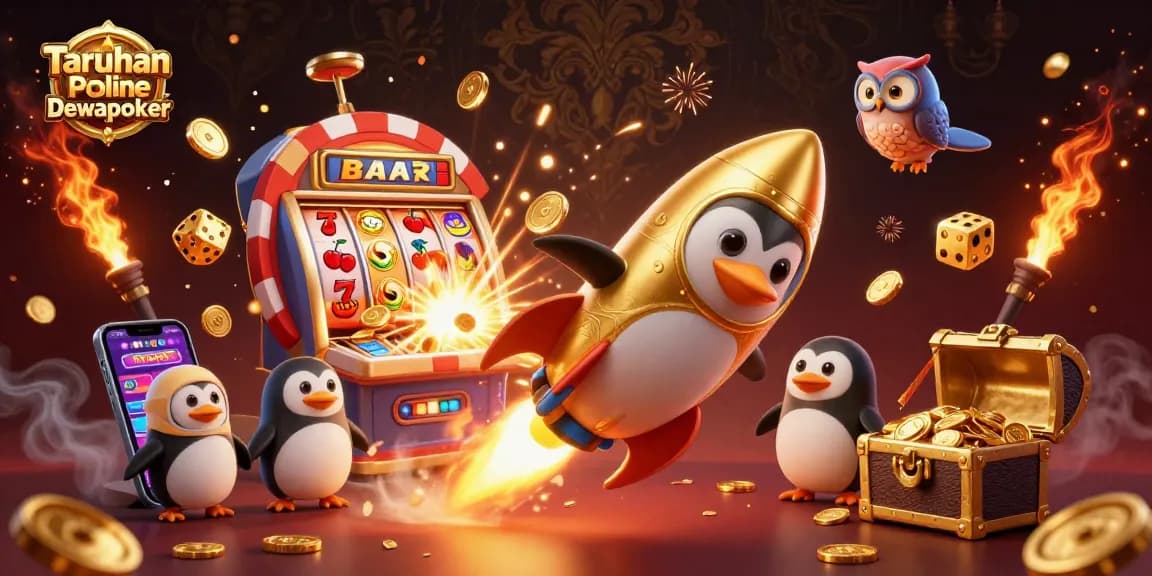 Engage in Taruhan Poker Online Dewapoker with a captivating scene of a golden penguin and casino elements.