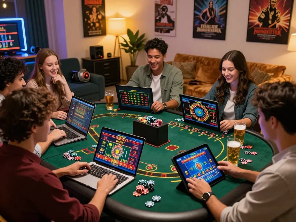 Friends enjoying interactive gameplay at Canada online casinos, showcasing modern gaming setup and responsible entertainment.