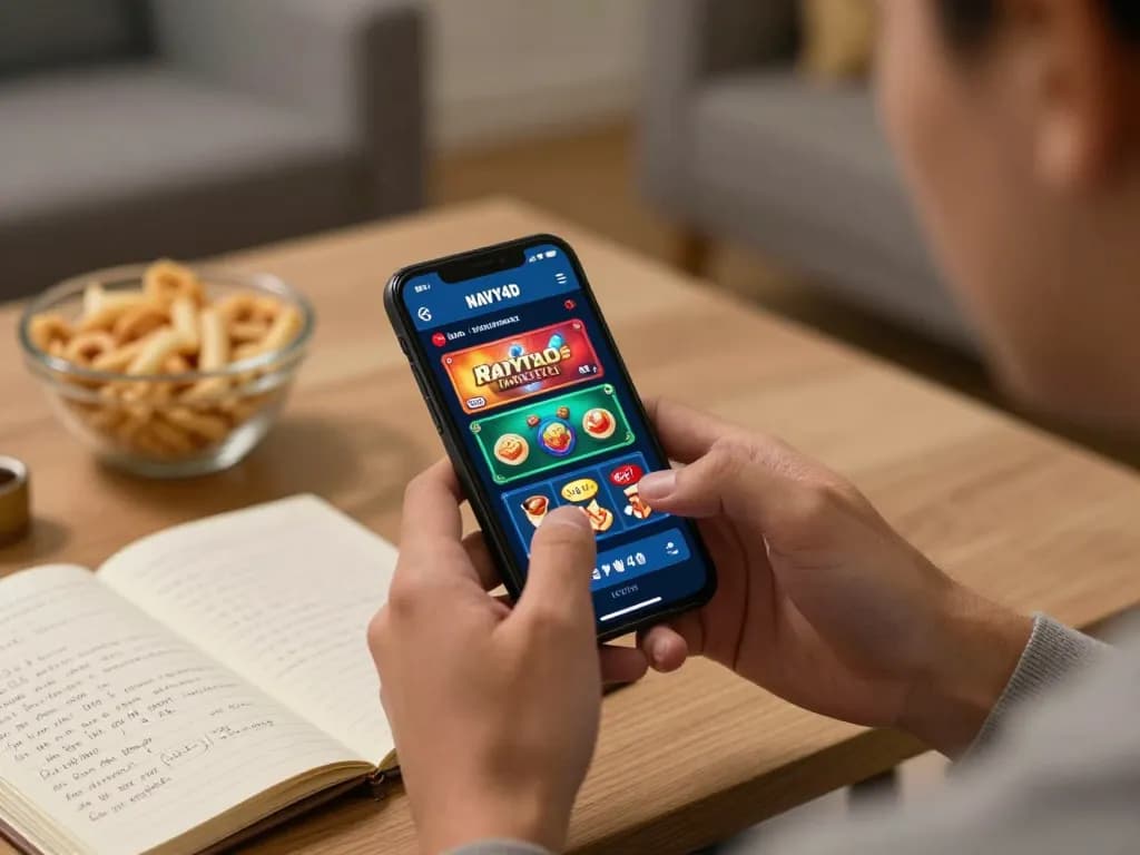 Pemain menggunakan aplikasi NAVY4D di smartphone, terbenam dalam opsi kasino seluler yang beragam.