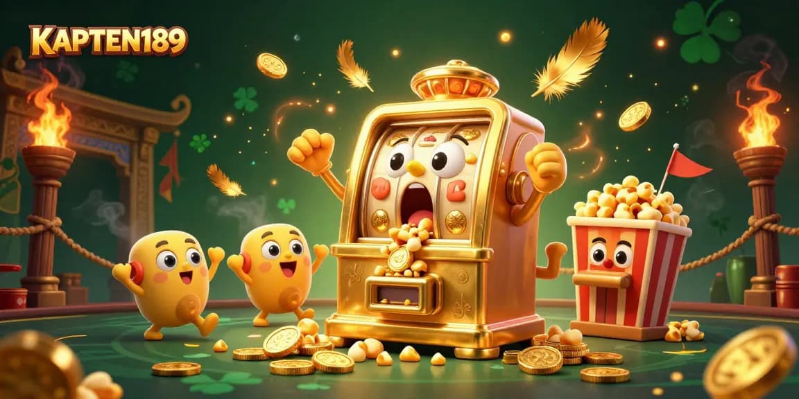 Mesin slot KAPTEN189 menang jackpot, dikelilingi karakter mesin slot bayi, dan popcorn berkilau.