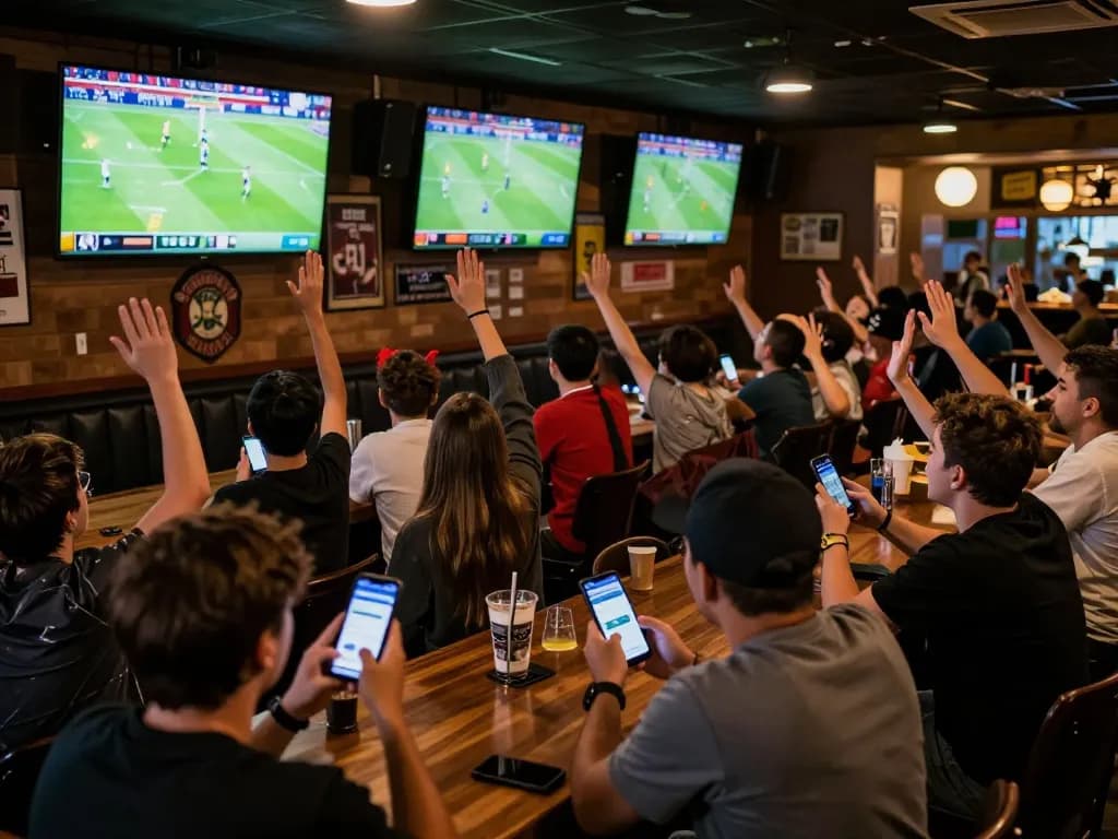 Experience Trực Tiếp Bóng Đá excitement at a lively sports bar environment full of fans placing bets