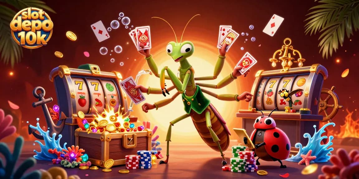 Engage with slot depo 10k in this vibrant 3D scene featuring colorful slot reels and lively characters.