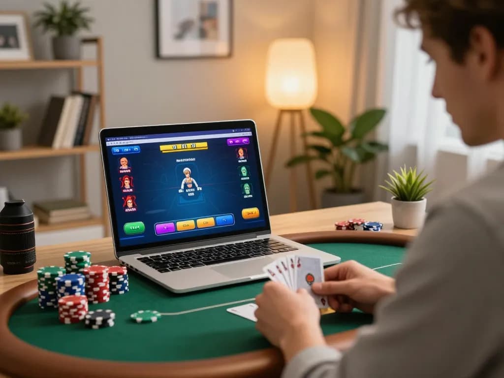 W88 player focusing on online poker game with chips stacked in stylish home office setting.