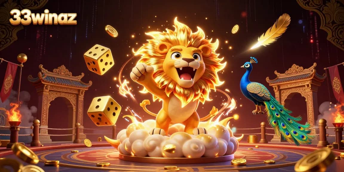 Experience thrilling gameplay with 33winaz, featuring a vibrant 3D scene of casino elements and animated characters.