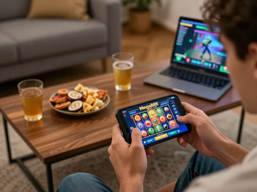 Download Mega888 APK for Android while enjoying an engaging mobile casino game in a cozy setting.