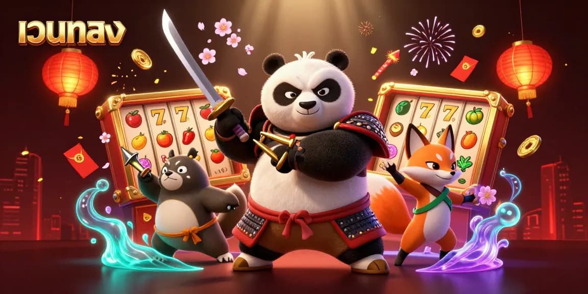 Engage with เว็บตรง casino thrills featuring a samurai panda, ninja fox, and magical tanuki in an energetic slot game backdrop.