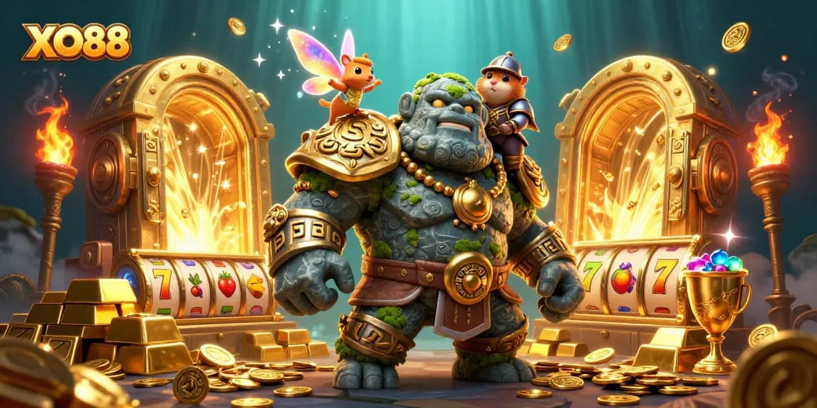 Spin to win at XO88 with the golem guardian, boasting mesmerizing slot reels and treasures.