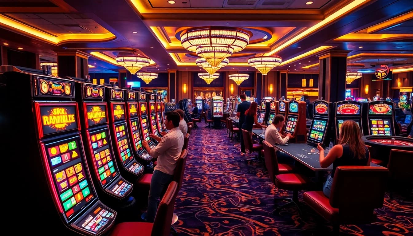 Play idn slot machines in a bustling casino filled with excitement and winning potential.