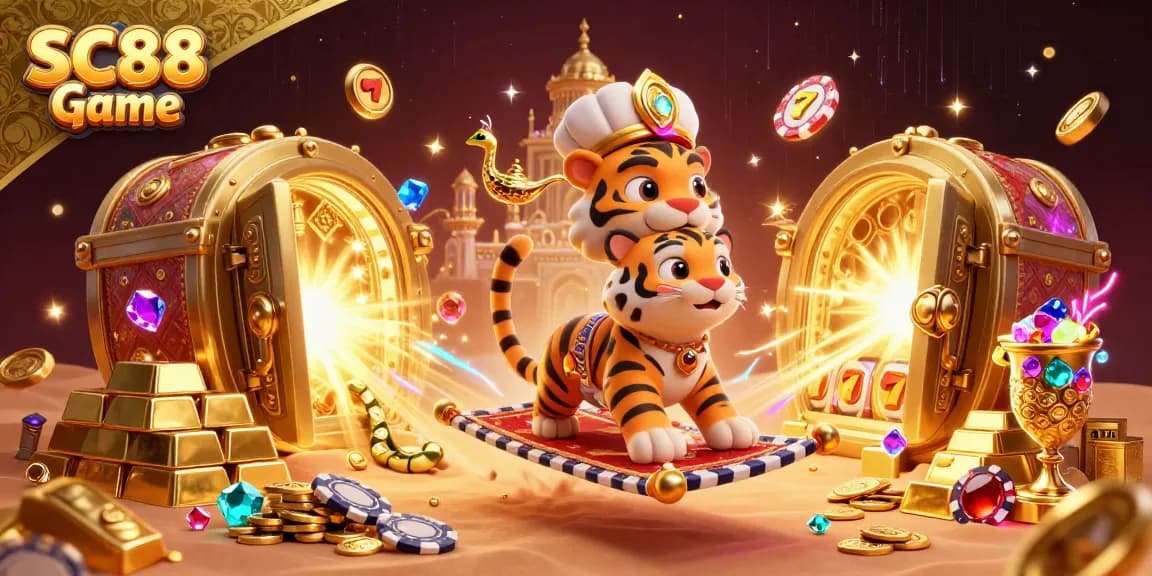 Spin the reels of SC88 Game amidst golden treasures and vibrant casino elements in this enchanting scene.