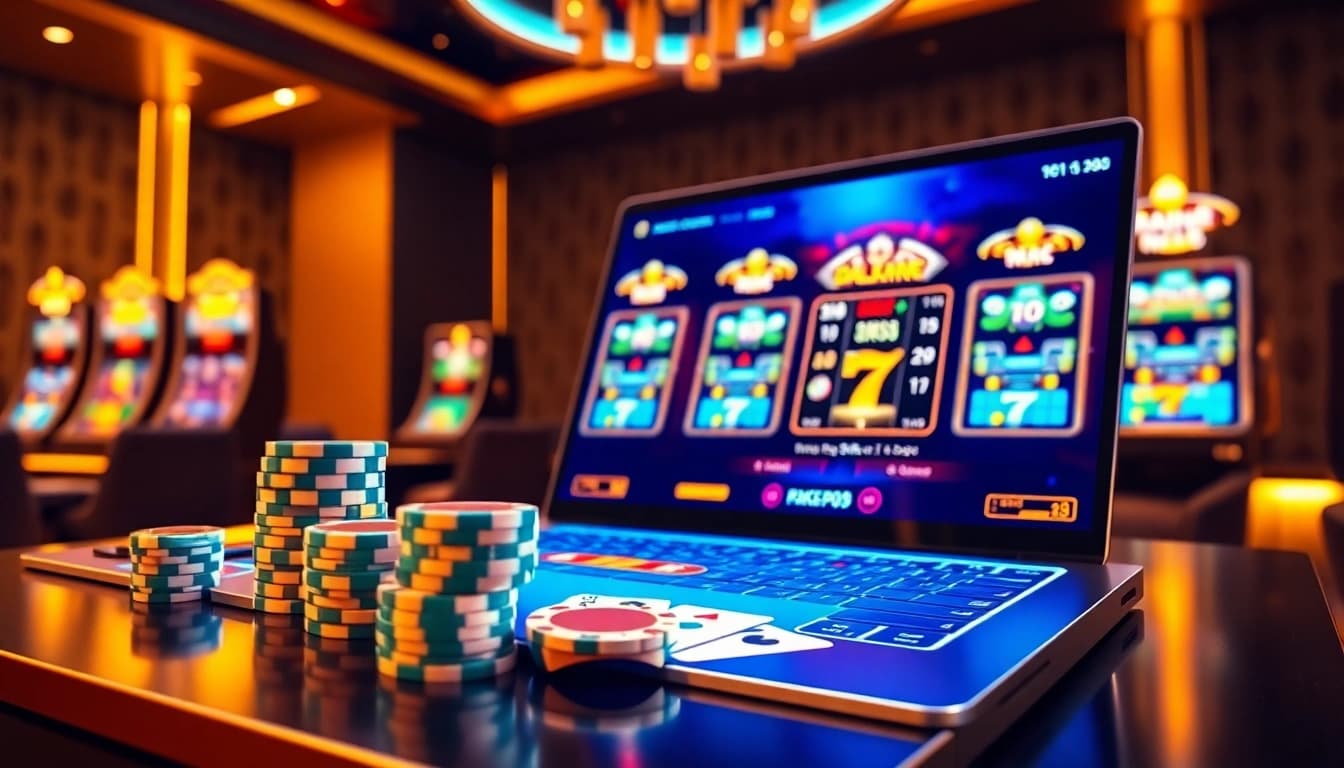 Engaging Game NK88 interface with interactive poker chips, cards, and dice in a professional casino setting