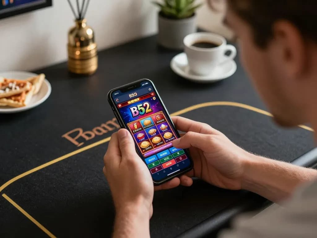 Player engaging with the B52 casino app on a mobile device, showcasing dynamic online gambling experience.