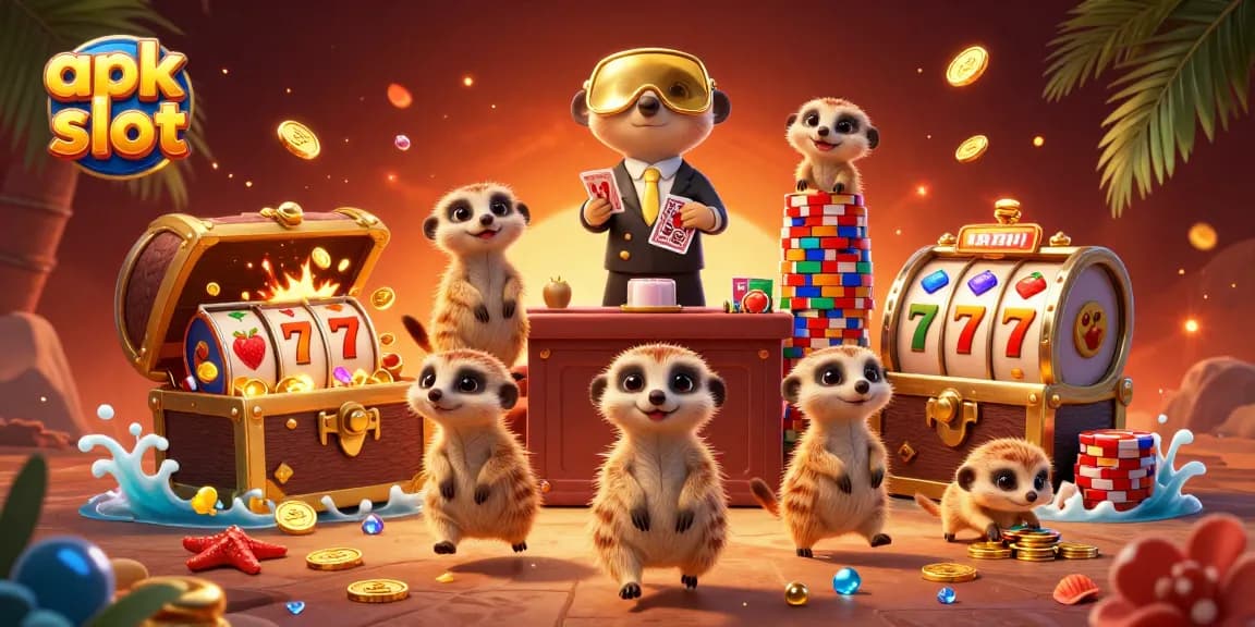 Menangkan jackpot dengan apk slot dalam ilustrasi kasino ramai dari koloni meerkat yang cerdik.